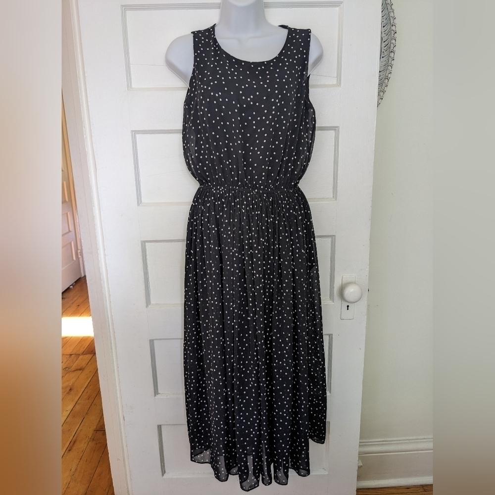 OAK & FORT WHITE AND BLACK FLOWY SHEER MIDI MXI POLKA DOT DRESS SIZE S/M*